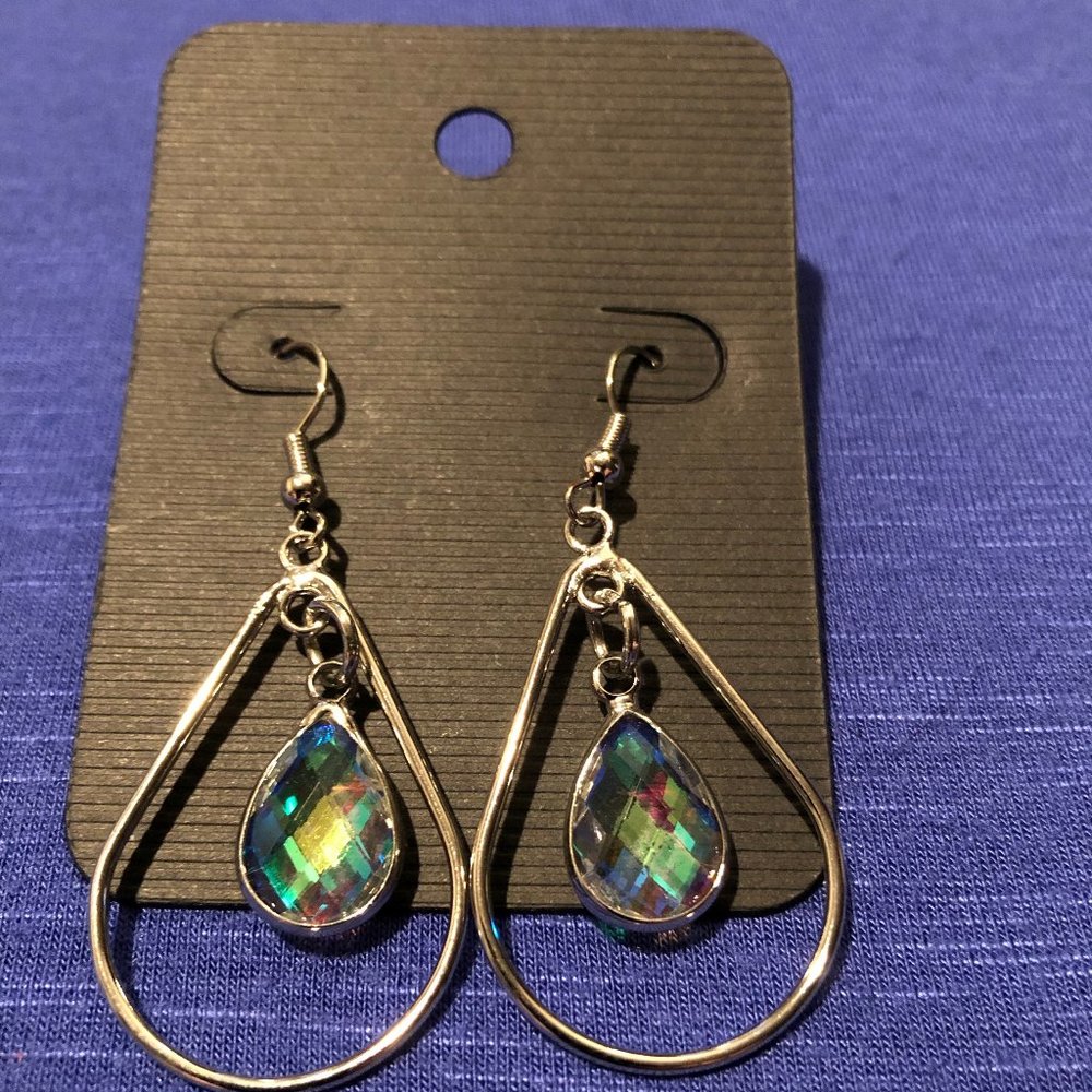 Iridescent Crystal and Silver Oval Hoop Earrings
